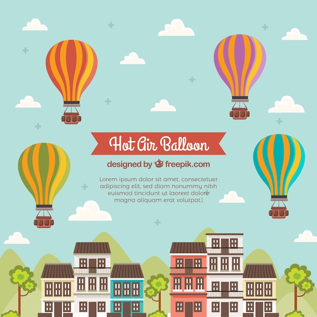 Hot air balloons background with sky in hand\
drawn style