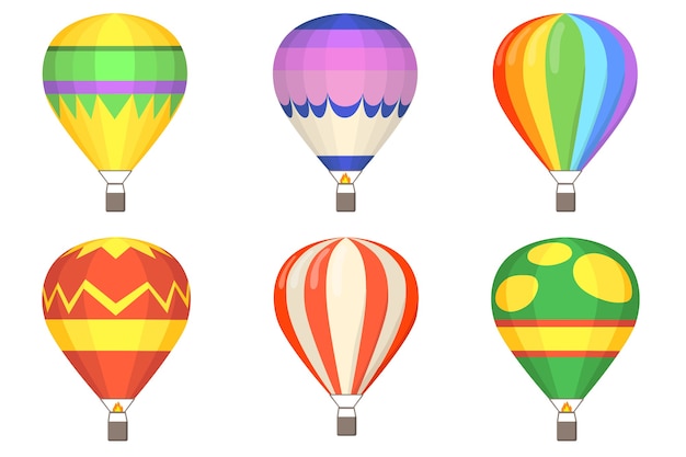熱気球フラットイラストセット バスケットと漫画のカラフルな風船は ベクトルイラストコレクションを分離しました 飛行 空 夏のコンセプト 無料のベクター
