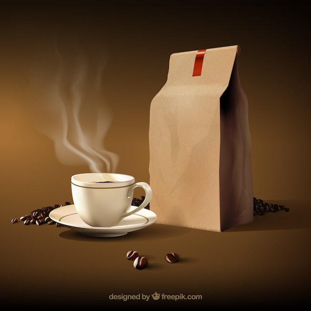 Hot coffee cup with coffee beans and paper
bag