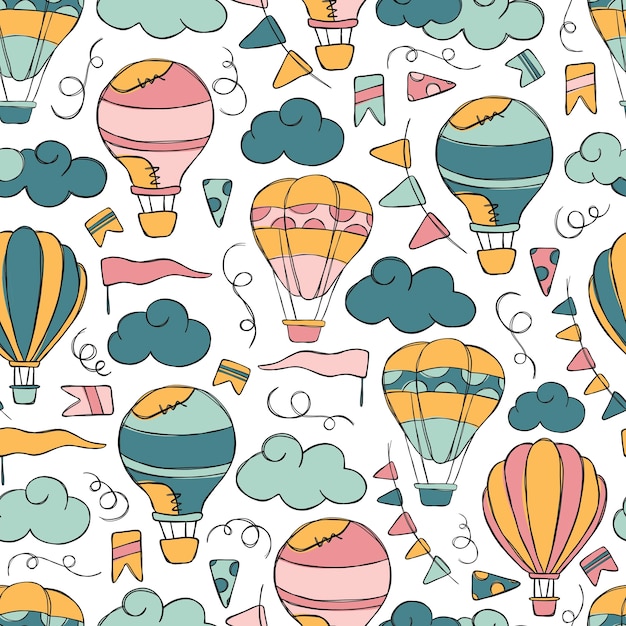 Hotairballon doodle vector seamless pattern. Premium Vector