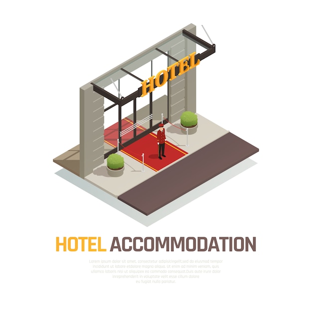 Hotel accommodation isometric composition with doorkeeper in uniform standing on red carpet near entrance Free Vector