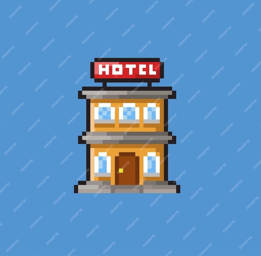 Premium Vector | Hotel building in pixel art style