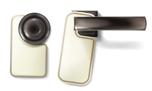 Hotel door knob illustration of metallic turning handle with hanging empty paper notice tag Free Vector