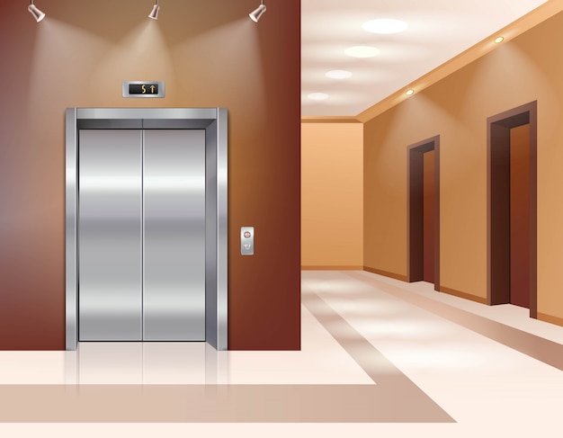 Hotel or office building hall with closed\
elevator door