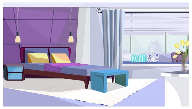 紫色のイラストのベッド付きのホテルの部屋 無料のベクター