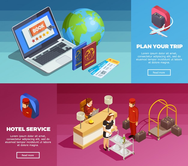 Hotel service 2 isometric webpage banners Free Vector