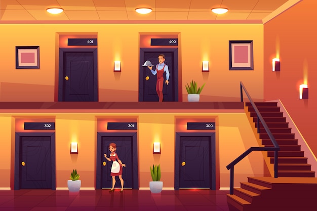 Hotel staff housemaid and waiter service clients bringing meal at room and knocking door for cleaning. Free Vector