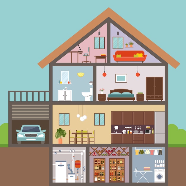 House in cut. interior. | Premium Vector