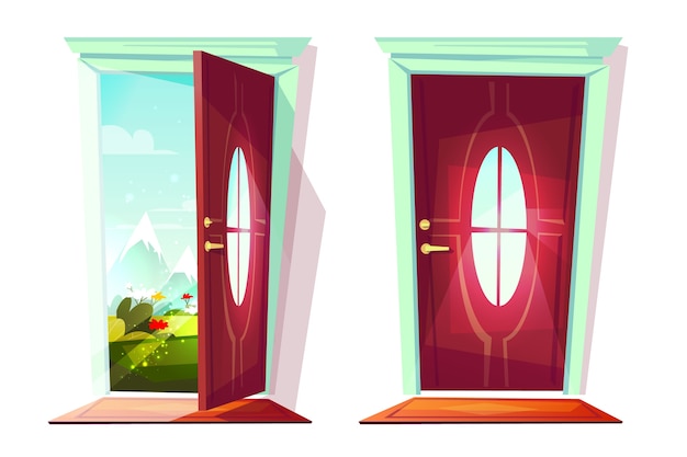 Free Vector House Door Open And Closed Illustration Of Entrance With View On Flowers In Street