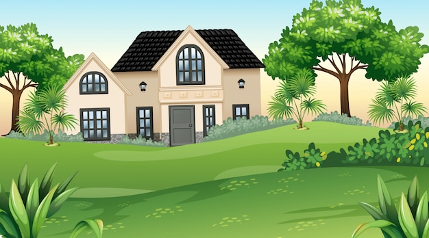 House And Garden In Nature Setting Free Vector