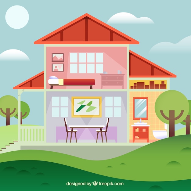 House in cut view with spring landscape Vector | Free Download