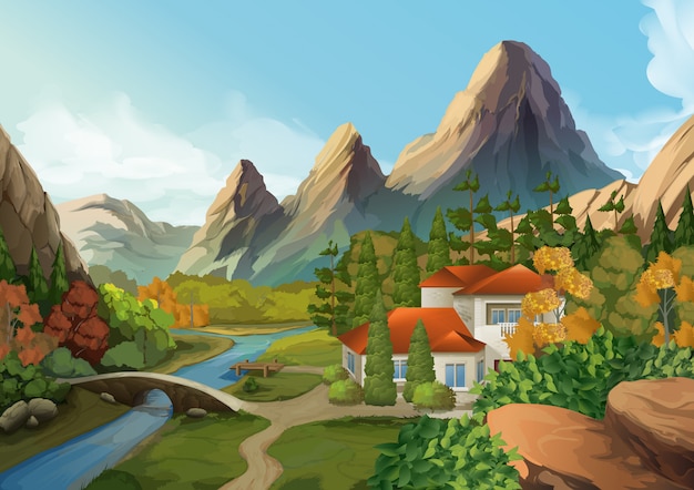 山の中の家 自然の風景イラスト プレミアムベクター