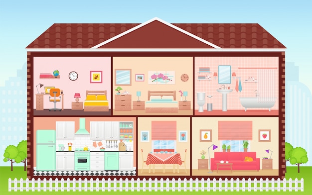 Premium Vector | House inside, room interior. cartoon house cross