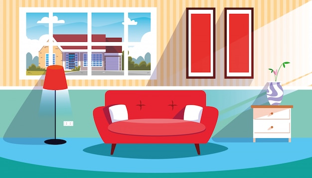 Premium Vector | House inside scene with couch and decoration