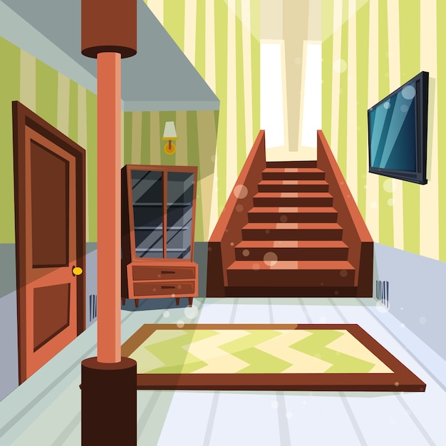 家のインテリア 階段と収納室の漫画イラストのアパートの明るい部屋の廊下 プレミアムベクター