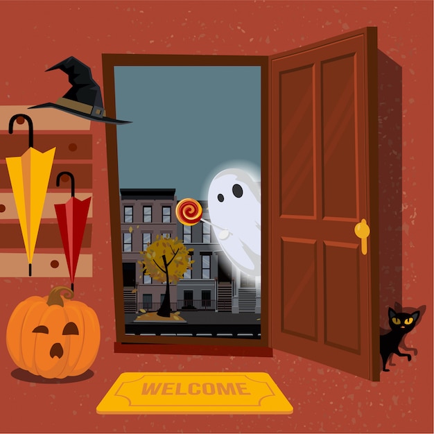 Premium Vector | House interior, decorated for halloween, pumpkin with ...