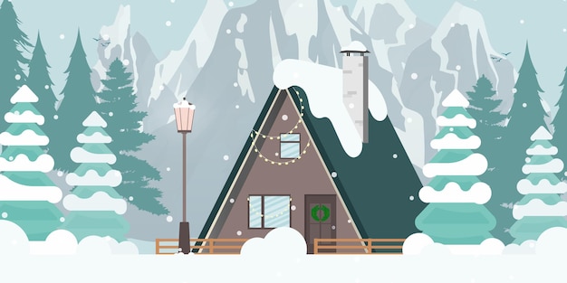 Premium Vector | House in a snowy forest. christmas trees, mountains ...