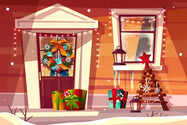 クリスマスの装飾の家クリスマスの装飾の木の家の入り口のイラスト 無料のベクター