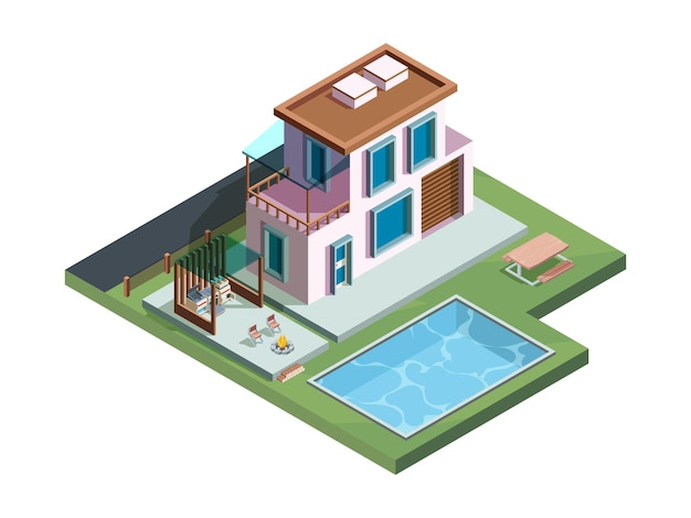 Premium Vector | House with exterior terrace in garden in isometric view