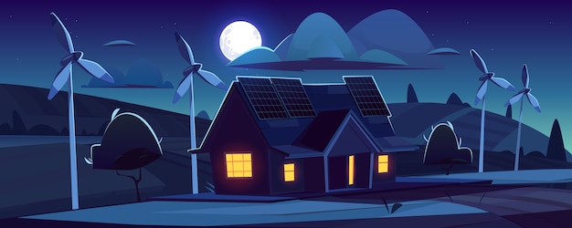 屋根にソーラーパネルがあり 夜は風力タービンがある家 環境にやさしい発電 グリーンエネルギーのコンセプト モダンなコテージ 風車 空の月と漫画の風景 無料のベクター
