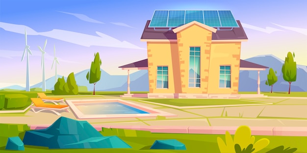 Download House with solar panels and wind mills. eco home | Free Vector