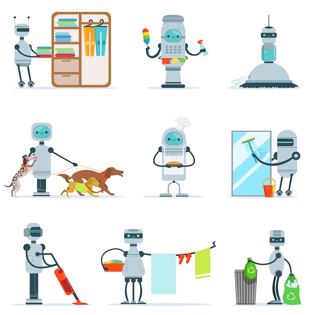 家事掃除や家事androidを使用した未来的なイラストのその他の任務を行う家事ロボット プレミアムベクター