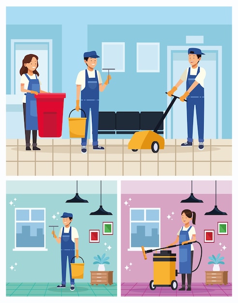 Premium Vector | Housekeeping team workers with equipment tools