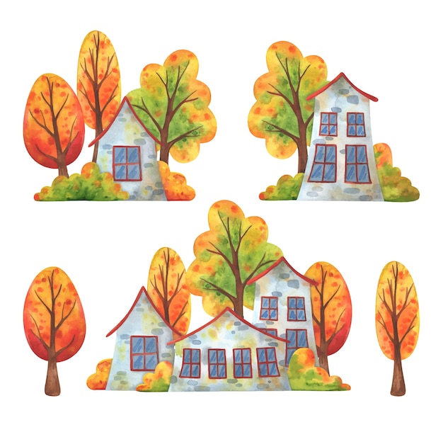 秋の街の家 通りの風景と倒木とイラストのセットです プレミアムベクター