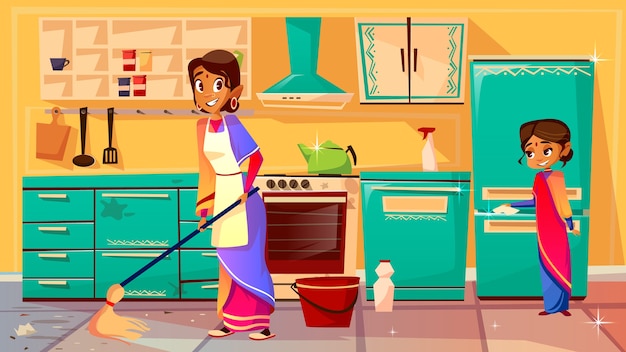 Free Vector Housewife Cleaning Kitchen Illustration Of Indian Mother In Sari Mopping Floor And 