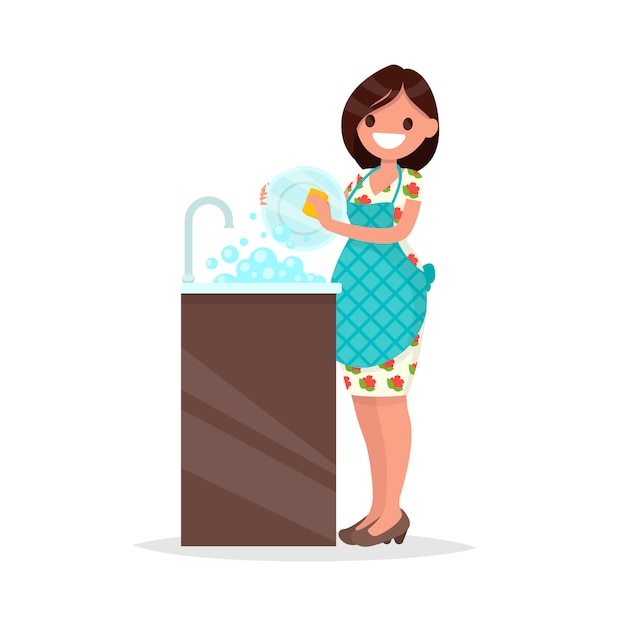 専業主婦 エプロンを着ている女性が皿洗いイラスト プレミアムベクター