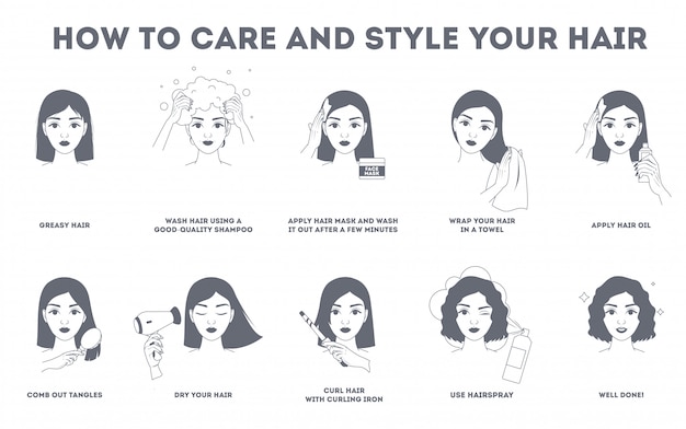 Premium Vector | How to care for your hair and style them instruction ...