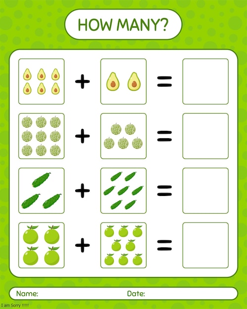 Premium Vector | How many counting game with cucumber, avocado ...