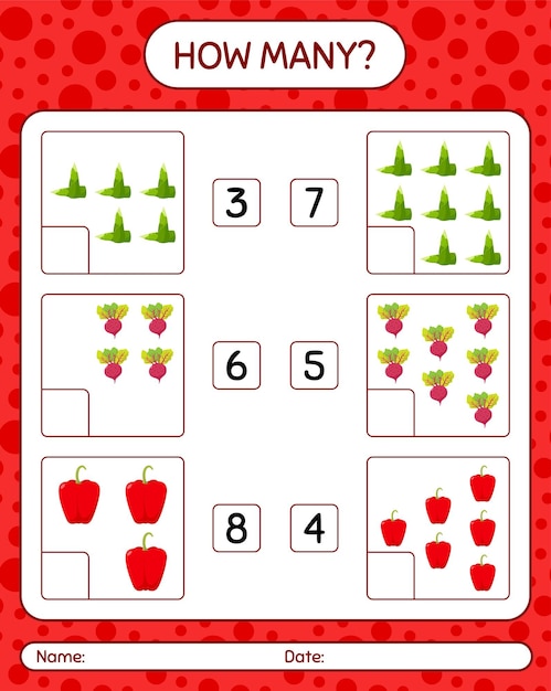 Premium Vector | How many counting game with vegetables. worksheet for ...