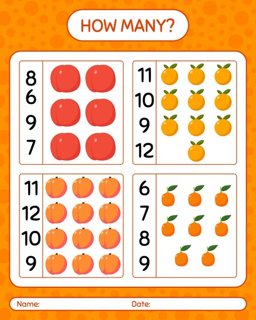 Premium Vector | How many counting peach, orange, nectarine. worksheet ...