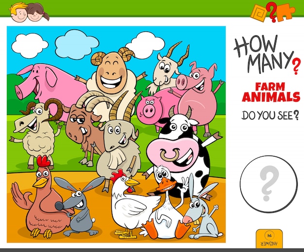 Premium Vector | How many farm animals educational task for kids