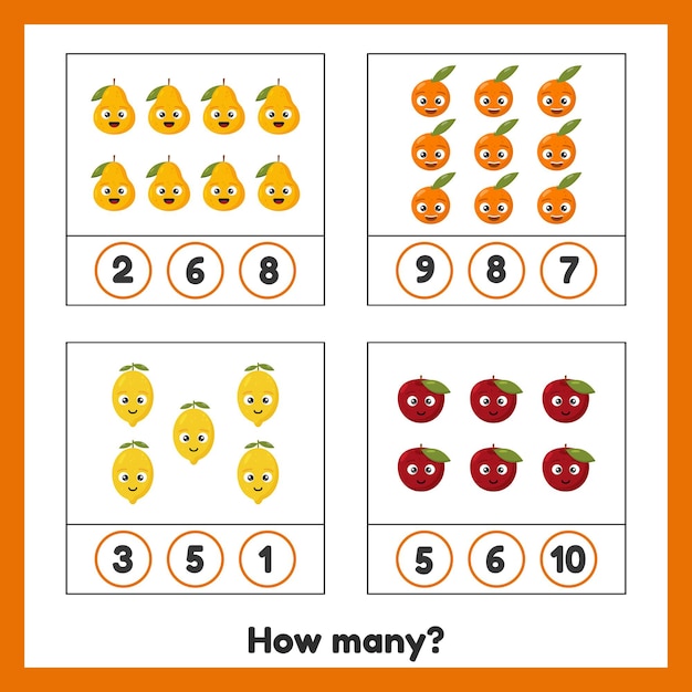 Premium Vector How Many Fruits Apple Pear Orange And Lemon Worksheet For Kids Kindergarten Preschool And School Age Learning Numbers Counting Game