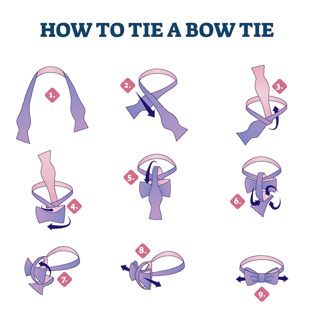 Premium Vector | How to tie a bow tie explanation steps, illustrated scheme