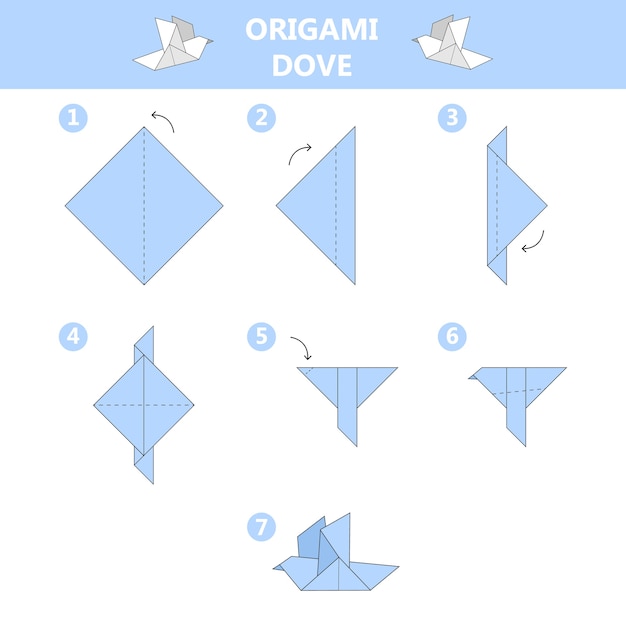 折り紙鳩ガイドの作り方 紙鳥の作り方 子供のためのおもちゃは一歩一歩 漫画のスタイルのベクトル図 プレミアムベクター