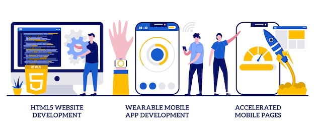  Html5 website development, wearable mobile app, accelerated mobile pages concept with tiny people. 