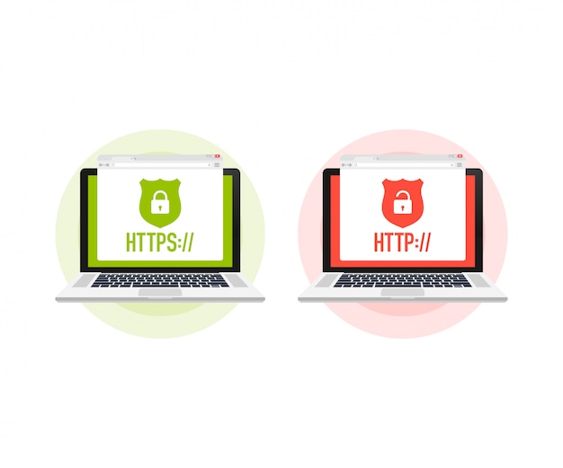 Http and https protocols on shield on laptop, on white Premium Vector