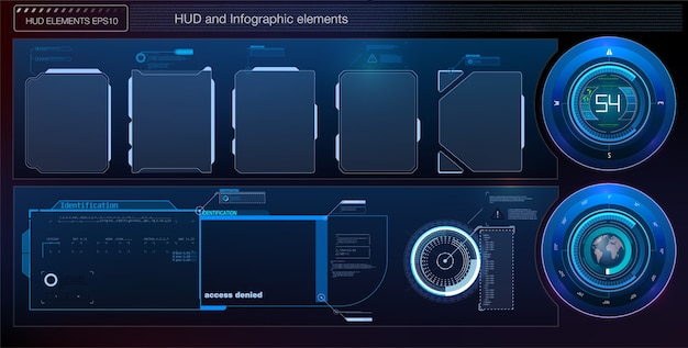 Hud Uiguiの未来的なユーザーインターフェイス画面要素セット ビデオゲーム用のハイテク画面 サイエンスフィクションの概念 プレミアムベクター