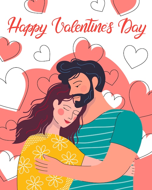 Premium Vector | Hugging couple with hearts background and lettering ...