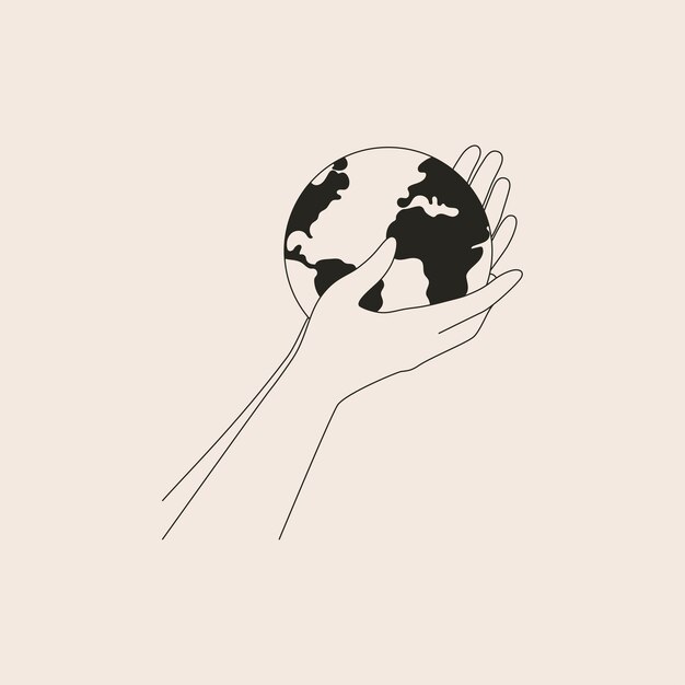 人間の腕は小さな地球を注意深く愛情を込めて保持しています 強い女性の手が惑星を支えています アースデイと救う惑星の白黒イラスト プレミアムベクター