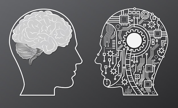 人工知能ロボットの頭の概念図と人間の脳の心の頭 Premiumベクター