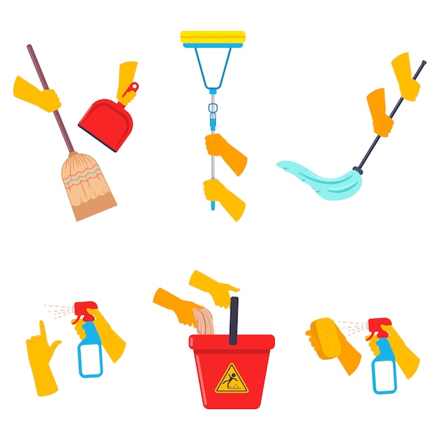 Premium Vector | Human hands hold cleaning tools cartoon set isolated ...
