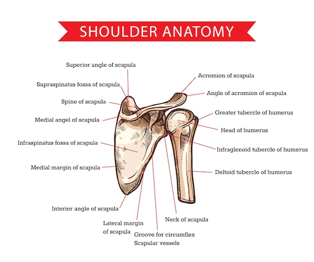 Premium Vector Human Shoulder Anatomy With Sketch Of Scapula And Humerus Bones Medicine And Health Care Shoulder Skeleton Diagram With Head And Deltoid Tubercle Of Humerus Scapula Skeletal Structure