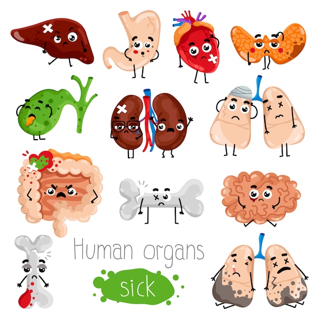 Human sick organs cartoon character set Premium Vector