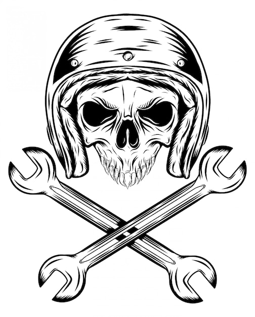 Premium Vector | Human skull with helmet and crossing wrenches of ...