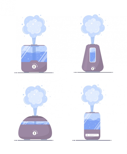 加湿器空気アイコン 家庭用超音波清浄機微気候のセット 健康的な湿度 フラットな漫画のスタイルでモダンなイラスト プレミアムベクター