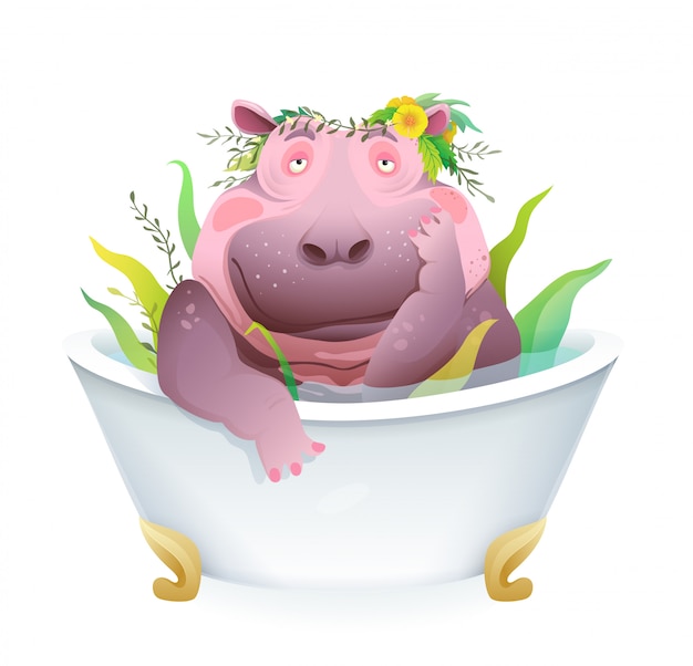 Premium Vector Humorous Pet Grooming Cartoon With Cute And Funny Female Hippopotamus Taking Herbal Bath Fatty Hippo In The Bath Tub Body Positive Animal Fun Cartoon Artistic 3d Realistic Design